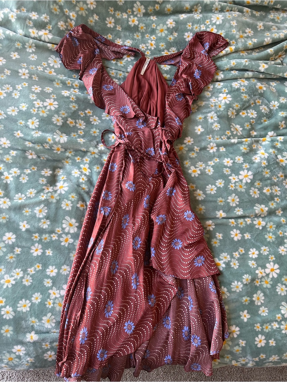 Anthropologie Rust Floral Wrap Midi Dress with Ruffle Sleeves - Picture 3 of 7